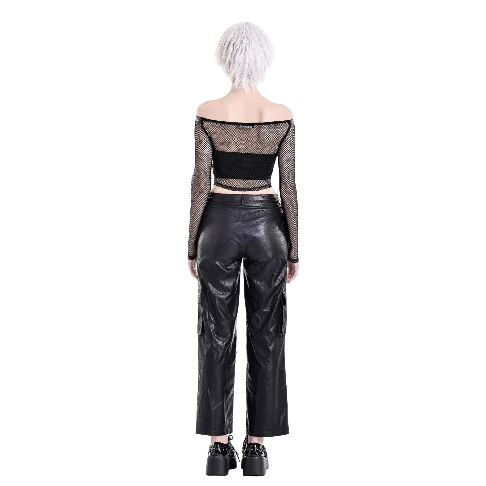 Darkinlove Women's Punk Eyelet Zipper Off-Shoulder Fishnet Top