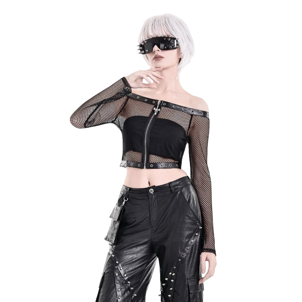 Darkinlove Women's Punk Eyelet Zipper Off-Shoulder Fishnet Top