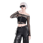 Darkinlove Women's Punk Eyelet Zipper Off-Shoulder Fishnet Top