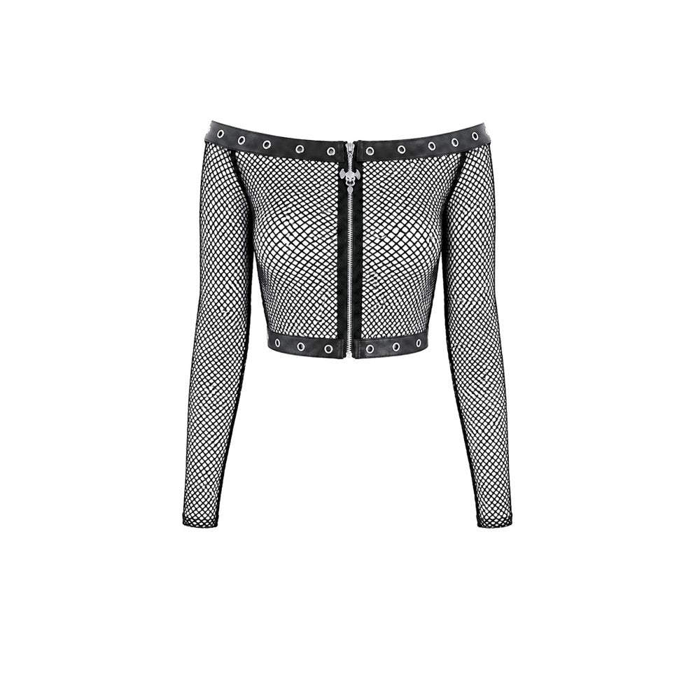 Darkinlove Women's Punk Eyelet Zipper Off-Shoulder Fishnet Top