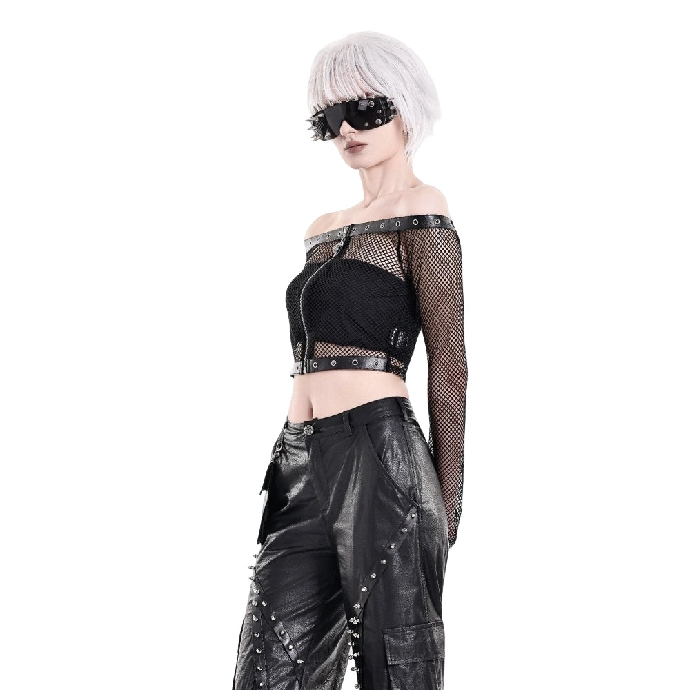 Darkinlove Women's Punk Eyelet Zipper Off-Shoulder Fishnet Top