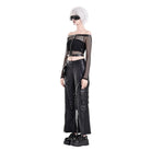 Darkinlove Women's Punk Eyelet Zipper Off-Shoulder Fishnet Top