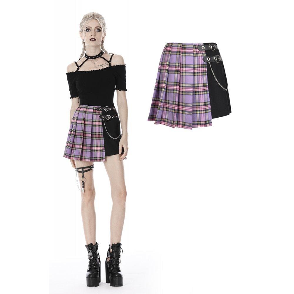 Darkinlove Women's Punk Fake-two-layered Plaid Pleated Skirts