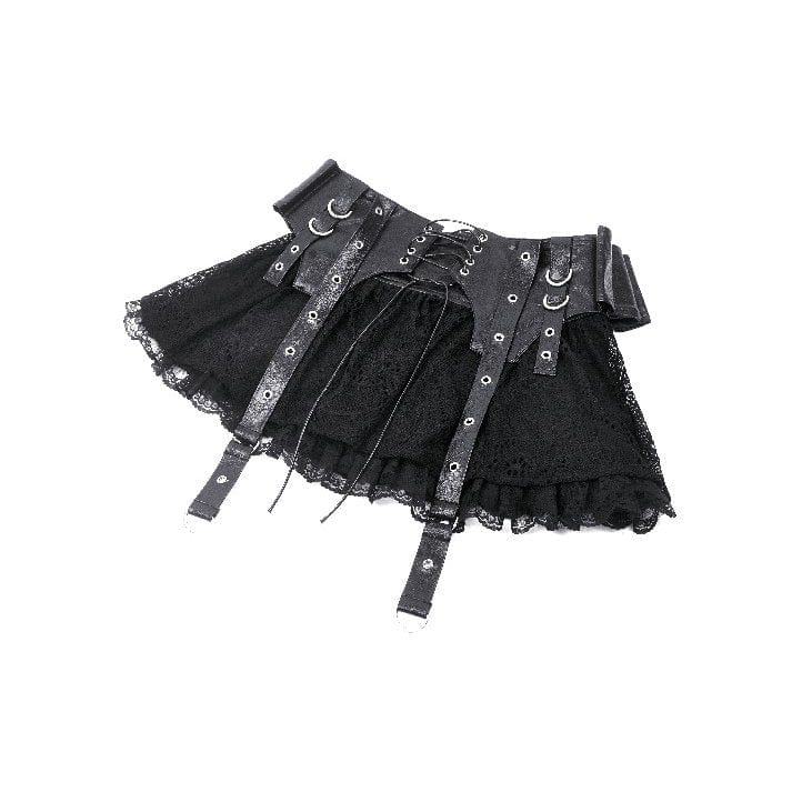 Darkinlove Women's Punk Faux Leather Splice Lace Skirt