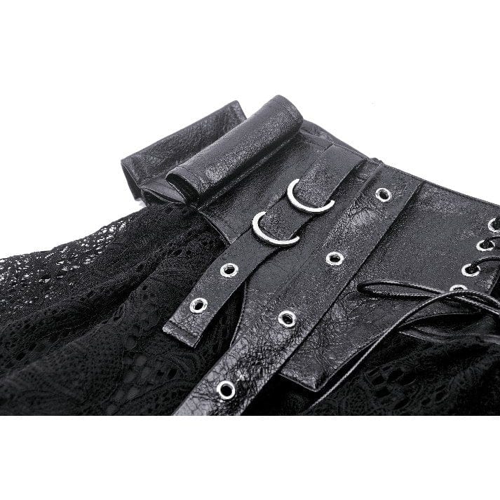 Darkinlove Women's Punk Faux Leather Splice Lace Skirt