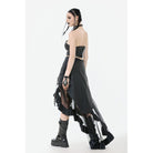 Darkinlove Women's Punk Faux Leather Straps Multilayered High/low Mesh Skirt