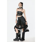 Darkinlove Women's Punk Faux Leather Straps Multilayered High/low Mesh Skirt