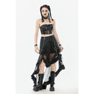 Darkinlove Women's Punk Faux Leather Straps Multilayered High/low Mesh Skirt
