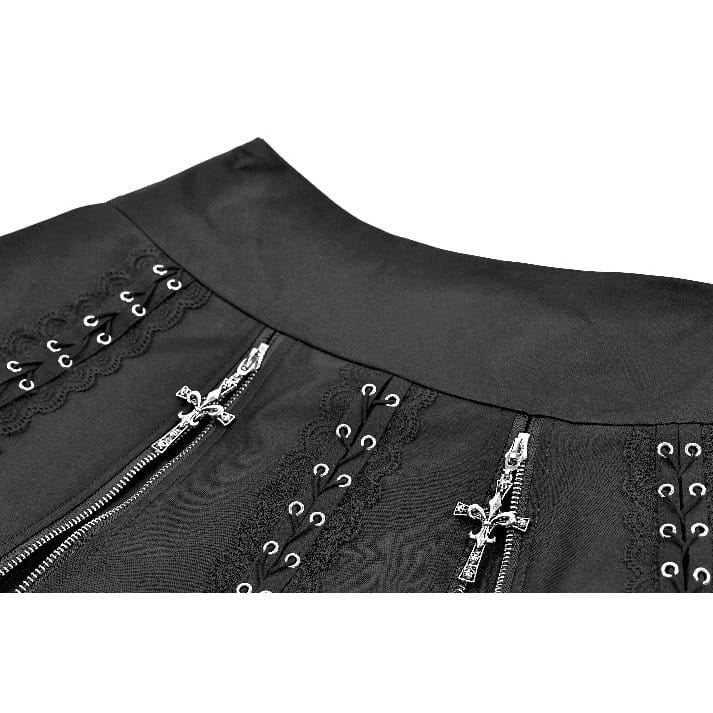 Darkinlove Women's Punk Floral Lace Patchwork Cross Zipper Mini Skirt