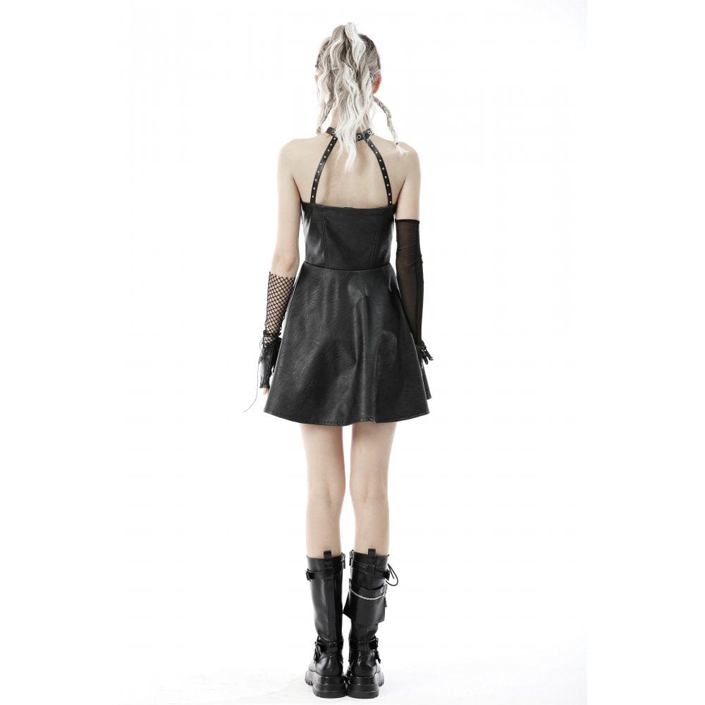Darkinlove Women's Punk Front Zip Halterneck Faux Leather Dress