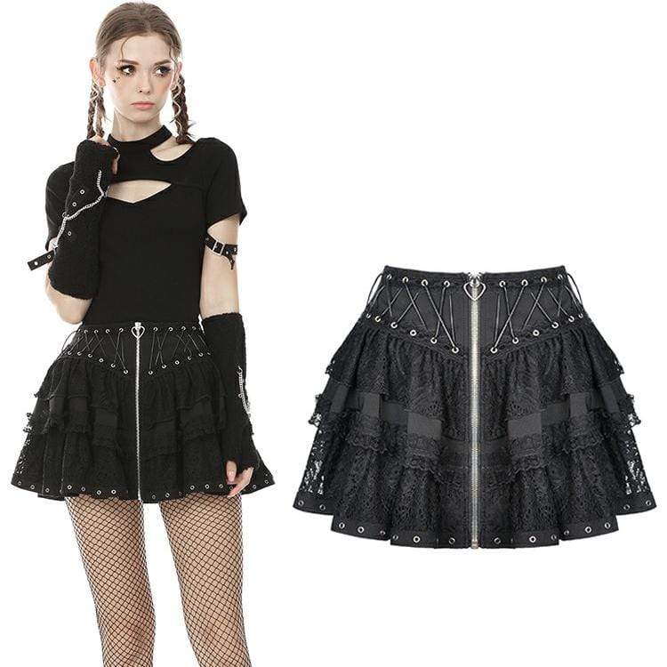 Darkinlove Women's Punk Front Zip Multi-layer Lace Mini Skirts