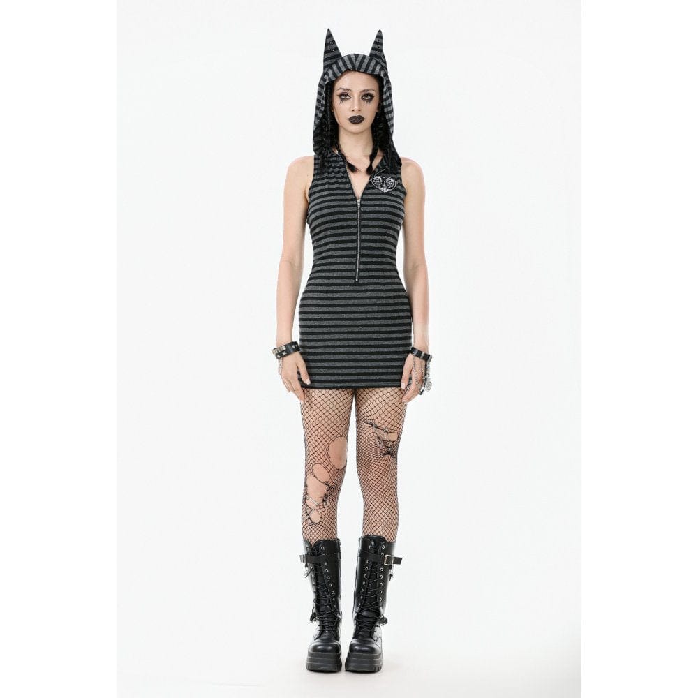 Darkinlove Women's Punk Front Zip Striped Dress with Hood