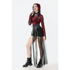 Darkinlove Women's Punk High-waisted Faux Leather Straps Sheer Mesh Maxi Skirt