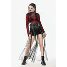 Darkinlove Women's Punk High-waisted Faux Leather Straps Sheer Mesh Maxi Skirt