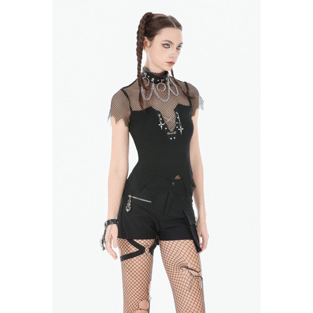Darkinlove Women's Punk Irregular Cross Chain Mesh Top