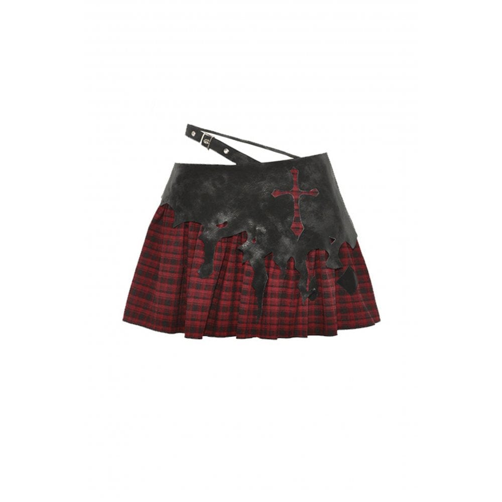 Darkinlove Women's Punk Irregular Faux Leather Splice Plaid Skirt