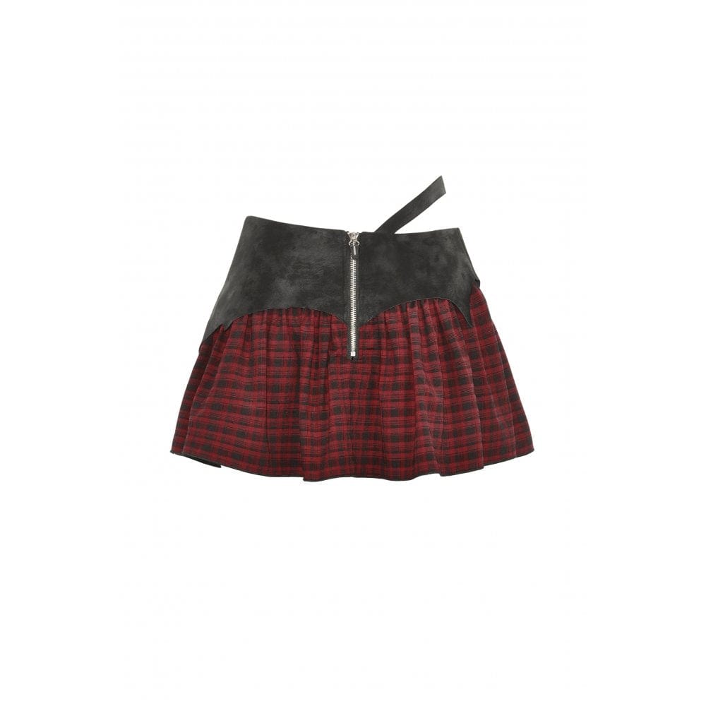 Darkinlove Women's Punk Irregular Faux Leather Splice Plaid Skirt