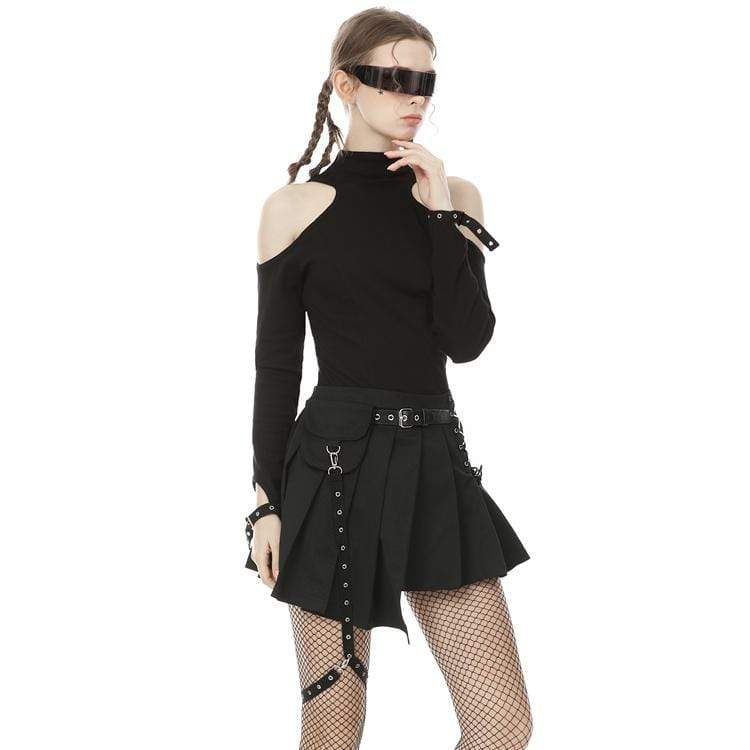 Darkinlove Women's Punk Irregular Hem Pleated Skirts with Waist Bag
