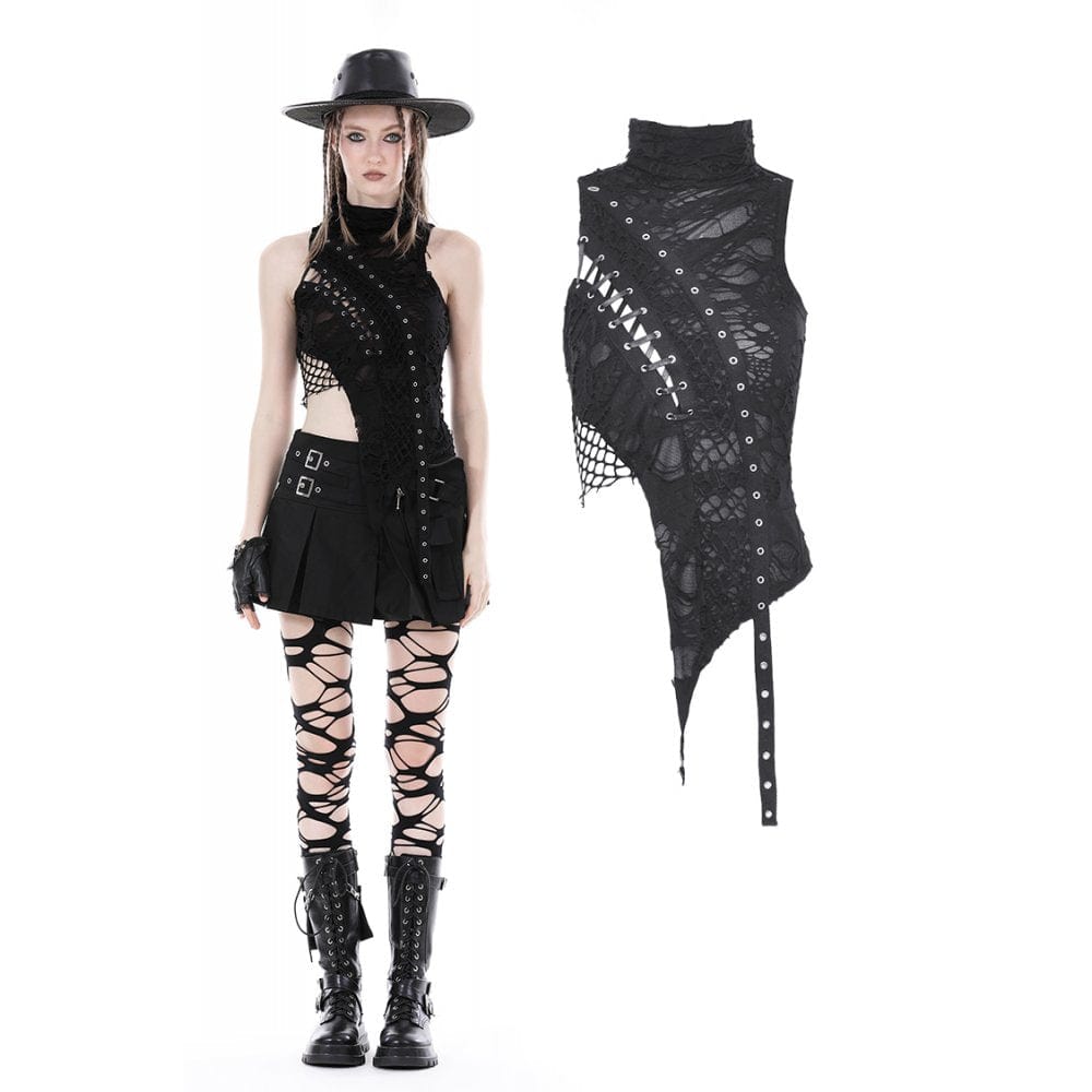 Darkinlove Damen Punk Unregelmäßiger Rollkragen Zerrissenes Tanktop