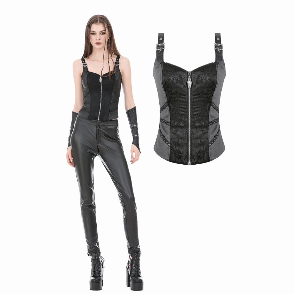 Darkinlove Women's Punk Jacquard Buckle Straps Zipper Vest
