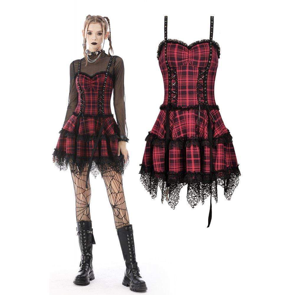 Women's Punk Lace Hem Plaid Layered Slip Dress – Punk Design