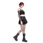 Darkinlove Women's Punk Lace Patchwork Buckle Strap Pleated Skirt