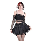 Darkinlove Women's Punk Lace Patchwork Buckle Strap Pleated Skirt