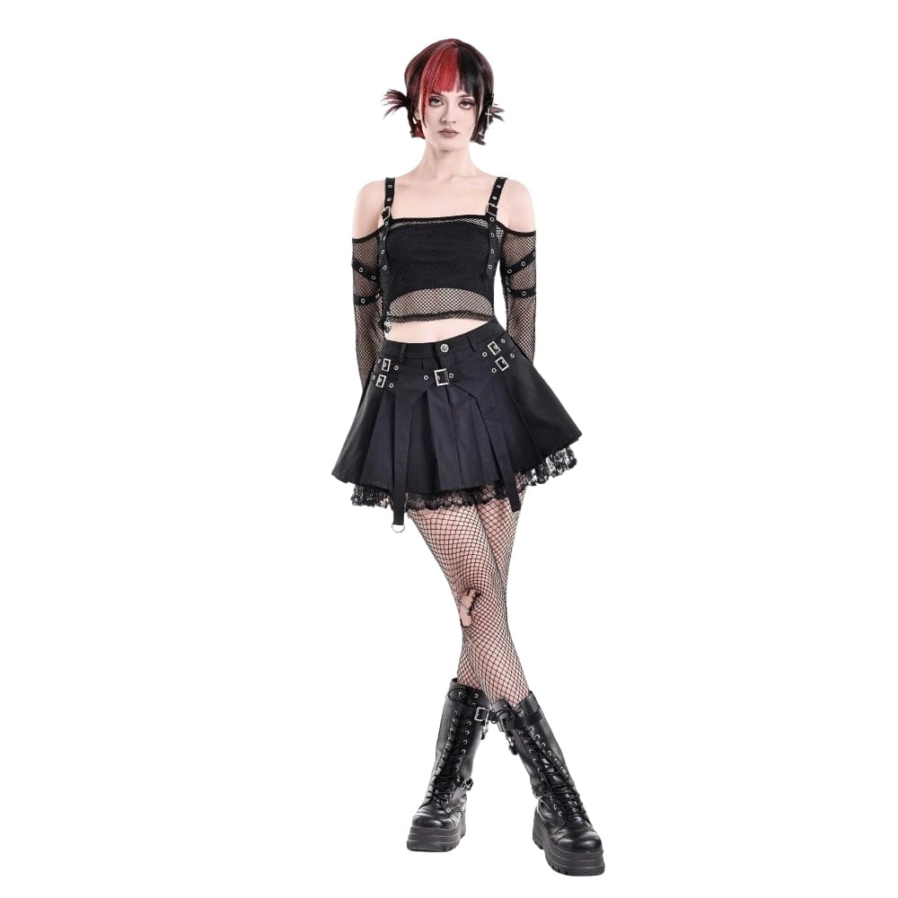 Darkinlove Women's Punk Lace Patchwork Buckle Strap Pleated Skirt