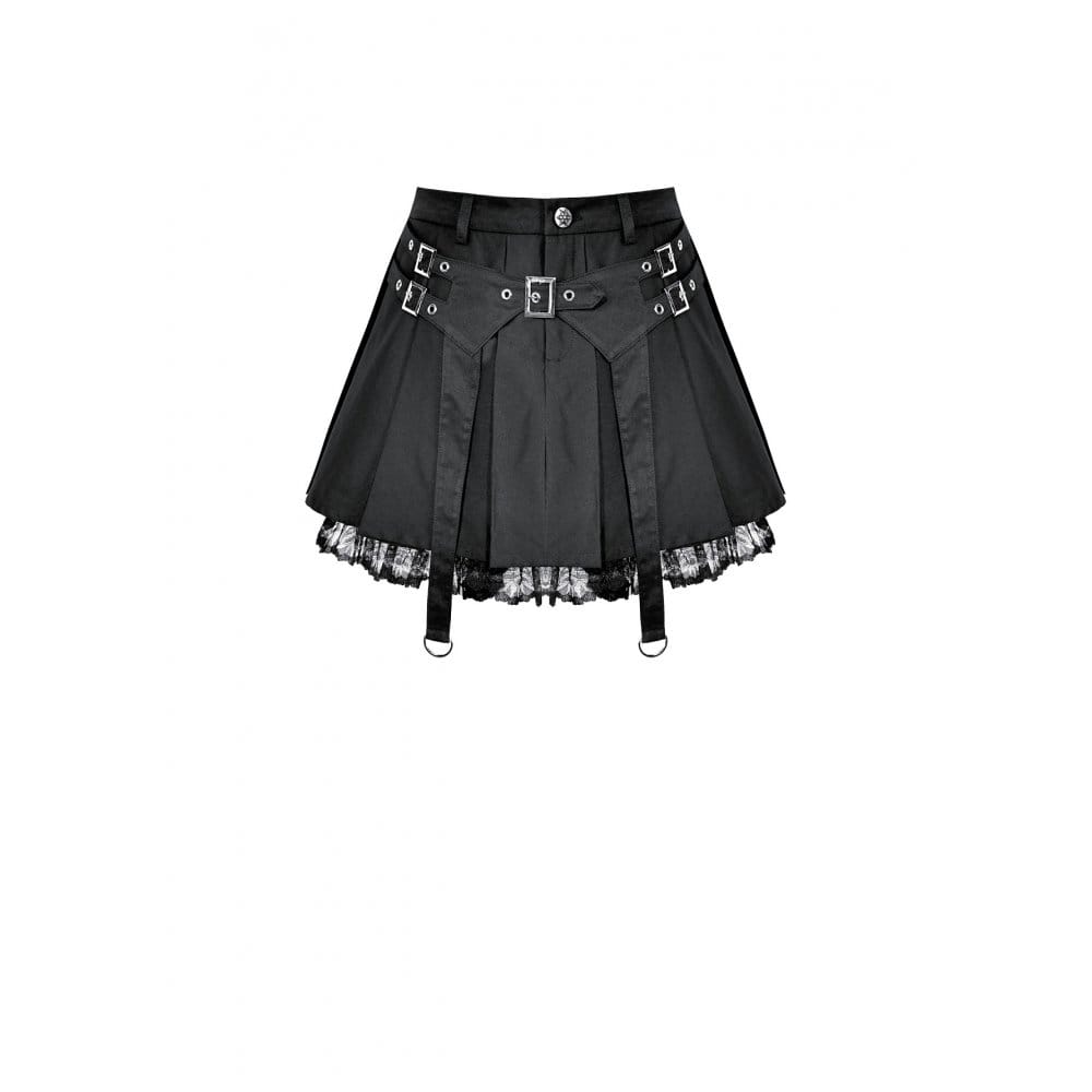 Darkinlove Women's Punk Lace Patchwork Buckle Strap Pleated Skirt