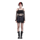Darkinlove Women's Punk Lace Patchwork Buckle Strap Pleated Skirt