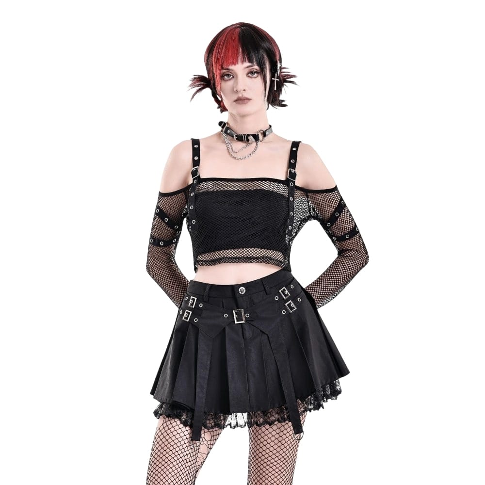 Darkinlove Women's Punk Lace Patchwork Buckle Strap Pleated Skirt