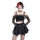 Darkinlove Women's Punk Lace Patchwork Buckle Strap Pleated Skirt