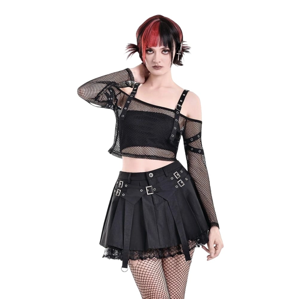 Darkinlove Women's Punk Lace Patchwork Buckle Strap Pleated Skirt