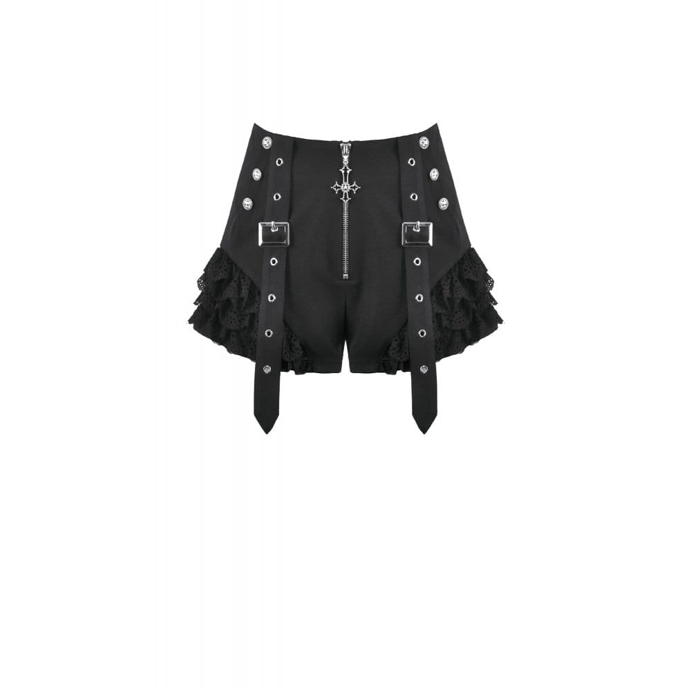 Darkinlove Women's Punk Lace Patchwork Buckle Straps Zipper Shorts