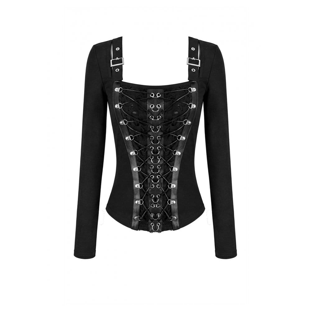 Darkinlove Women's Punk Lace-up Buckle Strap Square-cut Collar Long Sleeve Top