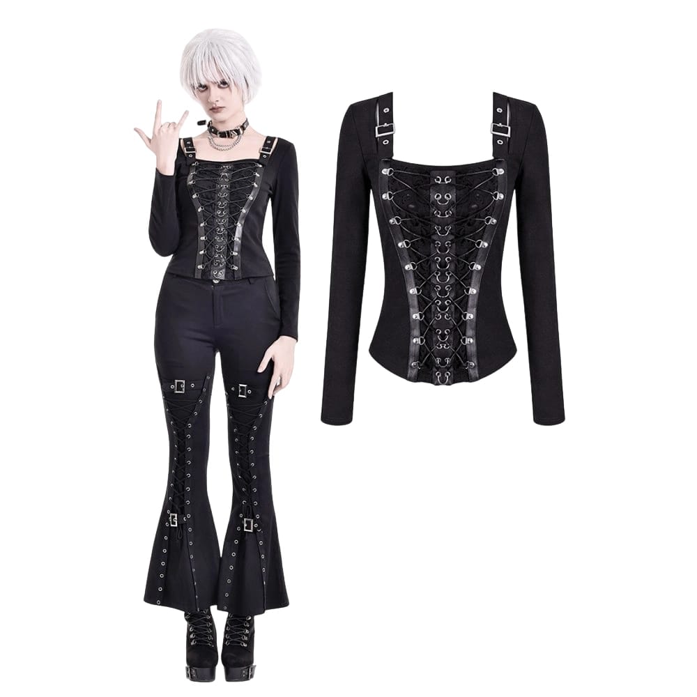 Darkinlove Women's Punk Lace-up Buckle Strap Square-cut Collar Long Sleeve Top