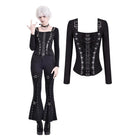 Darkinlove Women's Punk Lace-up Buckle Strap Square-cut Collar Long Sleeve Top