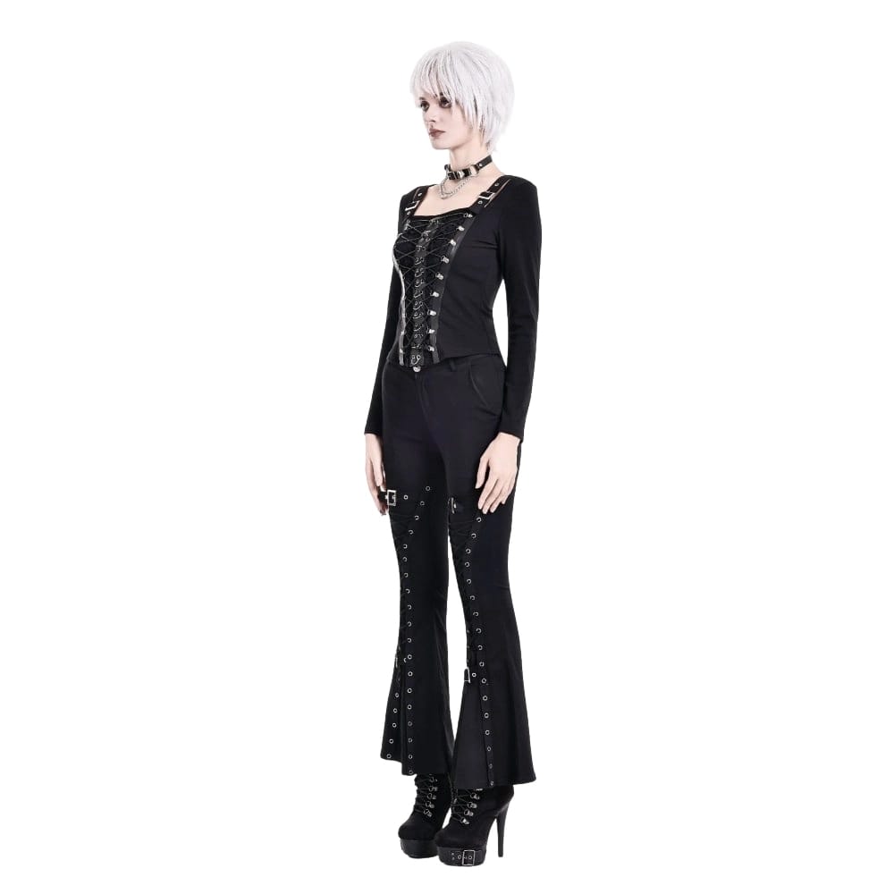 Darkinlove Women's Punk Lace-up Buckle Strap Square-cut Collar Long Sleeve Top