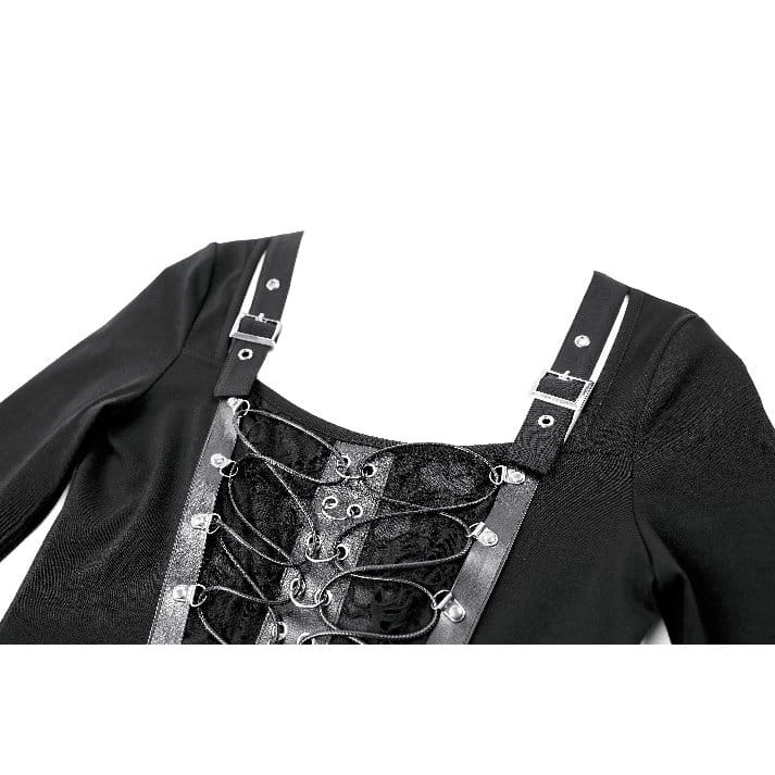 Darkinlove Women's Punk Lace-up Buckle Strap Square-cut Collar Long Sleeve Top