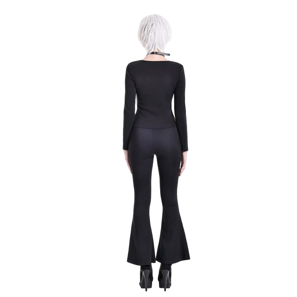 Darkinlove Women's Punk Lace-up Buckle Strap Square-cut Collar Long Sleeve Top