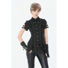 Darkinlove Women's Punk Lace-up Eyelets Turn-down Collar Shirt