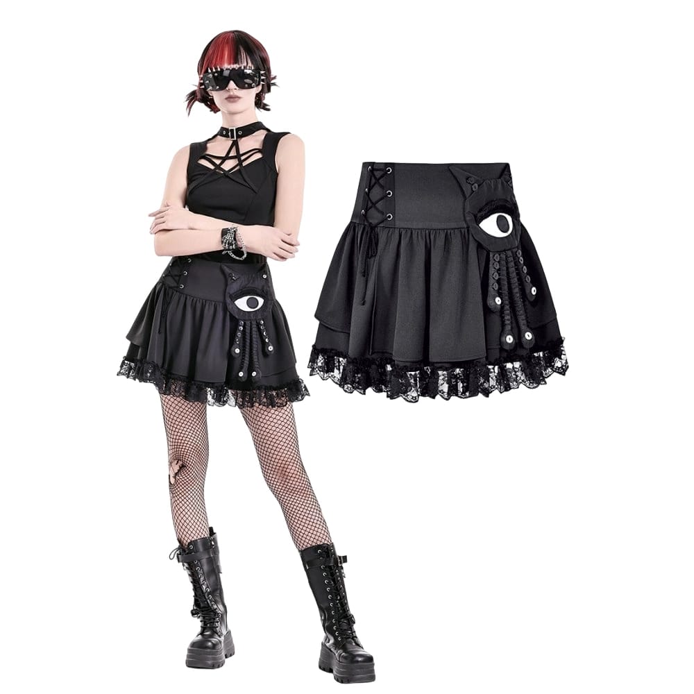 Darkinlove Women's Punk Lace-up Floral Lace Patchwork Evil Eye Tentacle Applique Mini Skirt