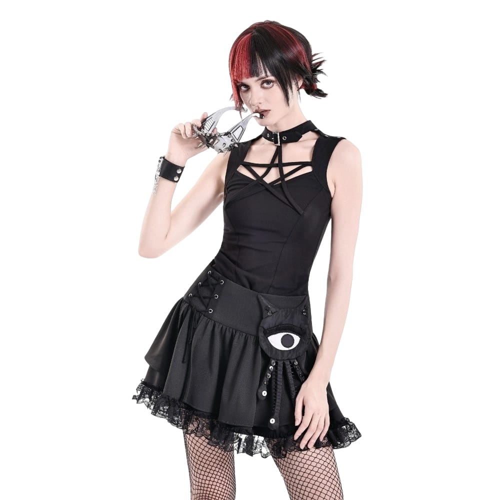 Darkinlove Women's Punk Lace-up Floral Lace Patchwork Evil Eye Tentacle Applique Mini Skirt