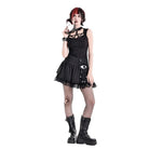 Darkinlove Women's Punk Lace-up Floral Lace Patchwork Evil Eye Tentacle Applique Mini Skirt