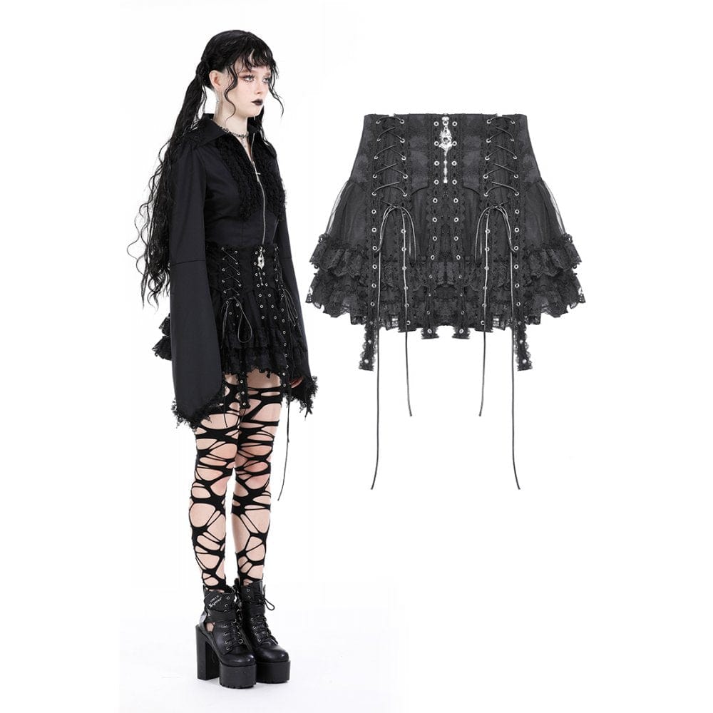 Darkinlove Women's Punk Lace-up Layered Mesh Skirt