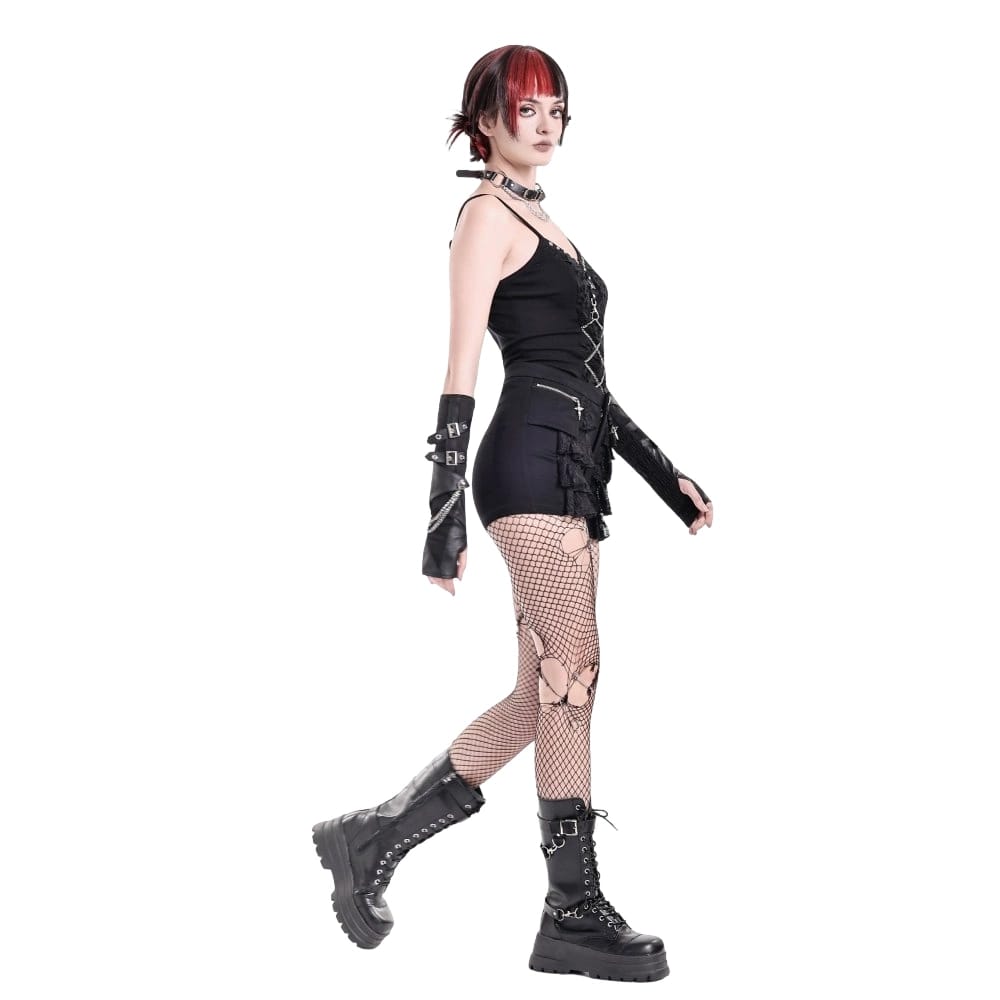 Darkinlove Women's Punk Layered Lace Ruffle Zipper Shorts