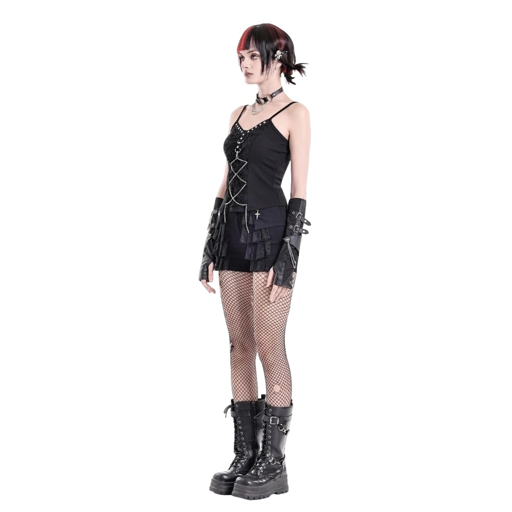 Darkinlove Women's Punk Layered Lace Ruffle Zipper Shorts