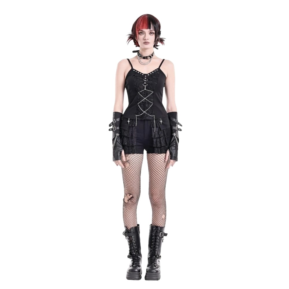 Darkinlove Women's Punk Layered Lace Ruffle Zipper Shorts
