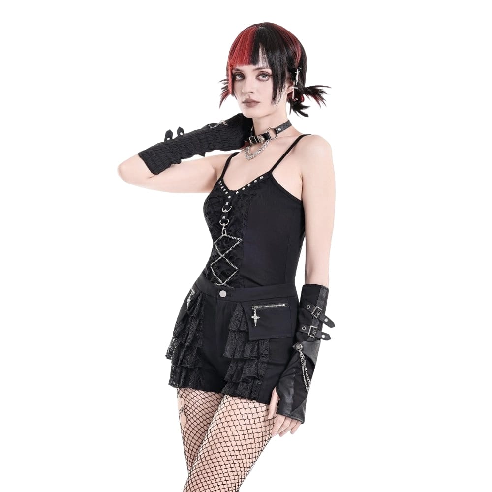 Darkinlove Women's Punk Layered Lace Ruffle Zipper Shorts