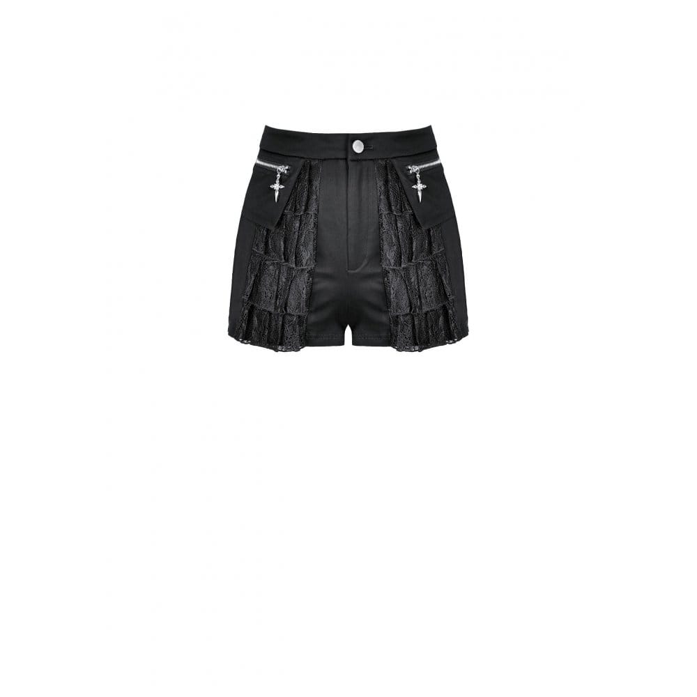 Darkinlove Women's Punk Layered Lace Ruffle Zipper Shorts